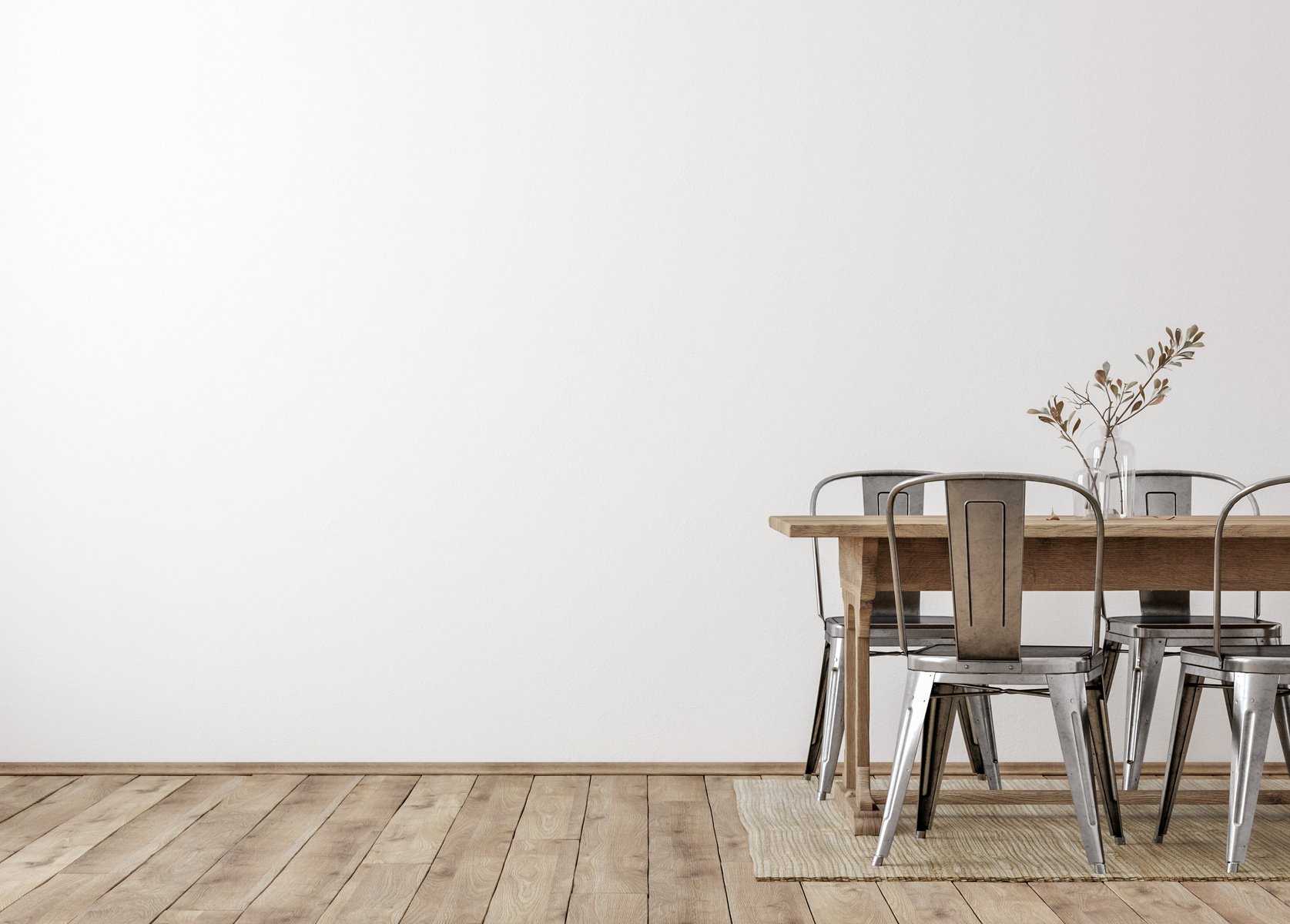 Farmhouse dining room interior, wall mockup, 3d render